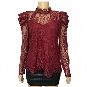 Puff Sleeve Lace Top SML Red Andree Savanna Jane